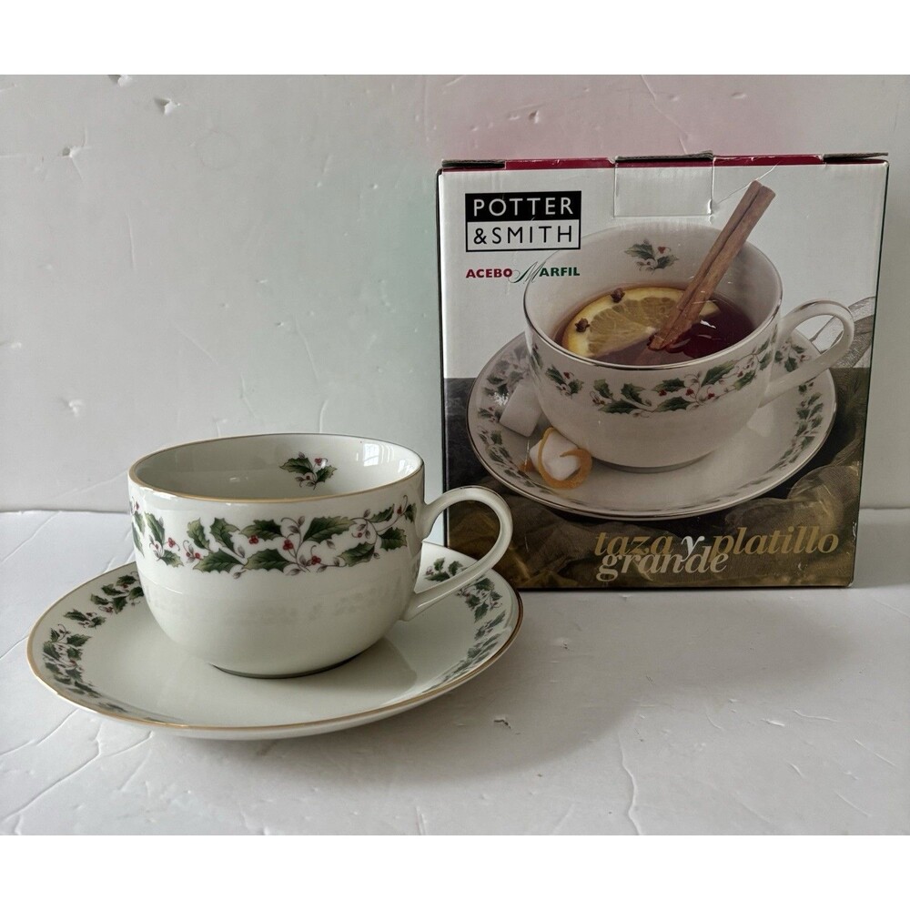 Large Cup & Saucer Ivory Holly Christmas Coffee Tea Cocoa Set Winterberry